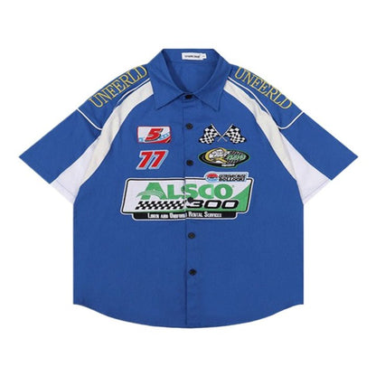 Street Colorblock Embroidered Short Sleeve Shirt - Thrashink