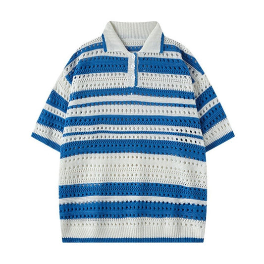Stripe Hollow Knit Polo Shirt - Thrashink