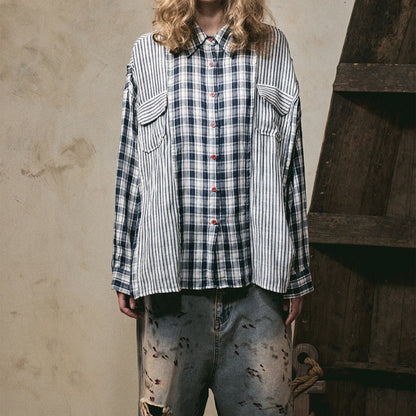 Stripe Paneled Plaid Casual Shirt - Thrashink