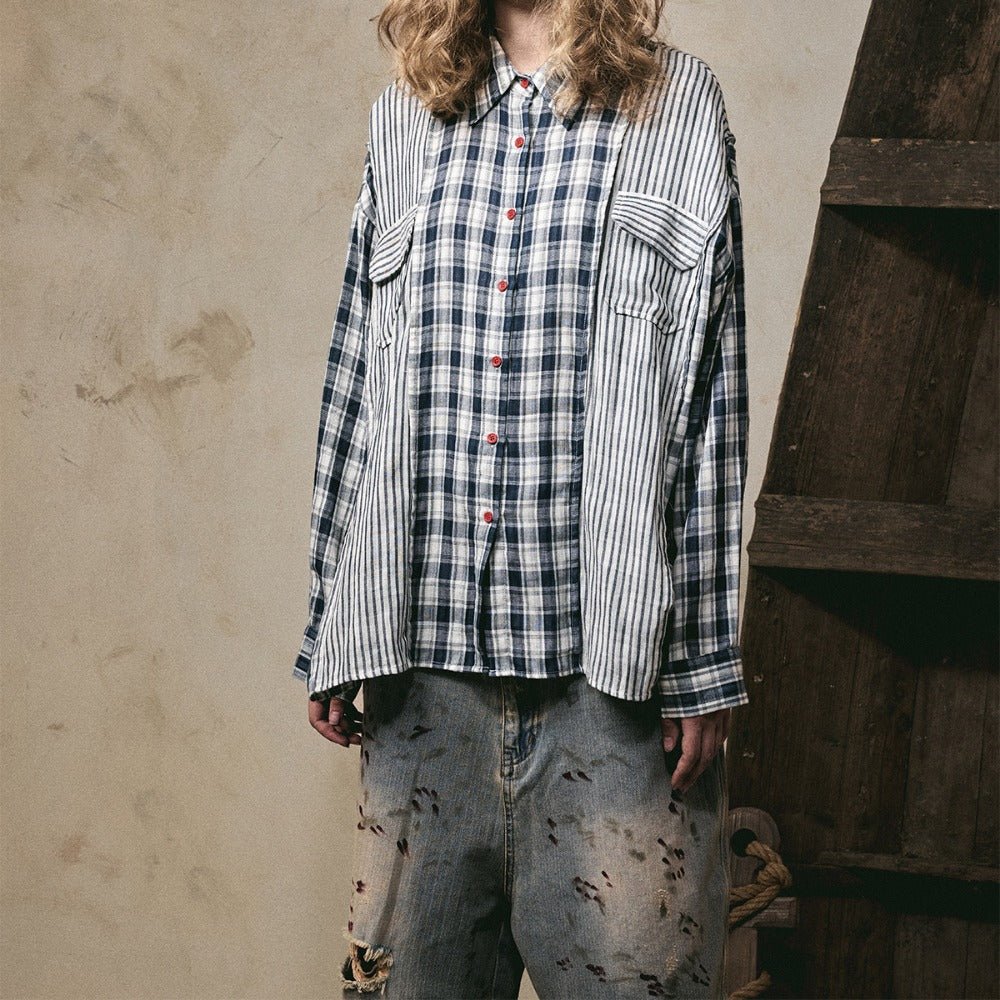 Stripe Paneled Plaid Casual Shirt - Thrashink