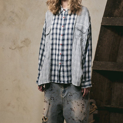 Stripe Paneled Plaid Casual Shirt - Thrashink