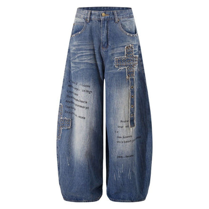 Studded Cross - Patch Baggy Frayed Jeans - Thrashink