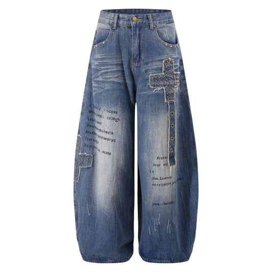 Studded Cross - Patch Baggy Frayed Jeans - Thrashink