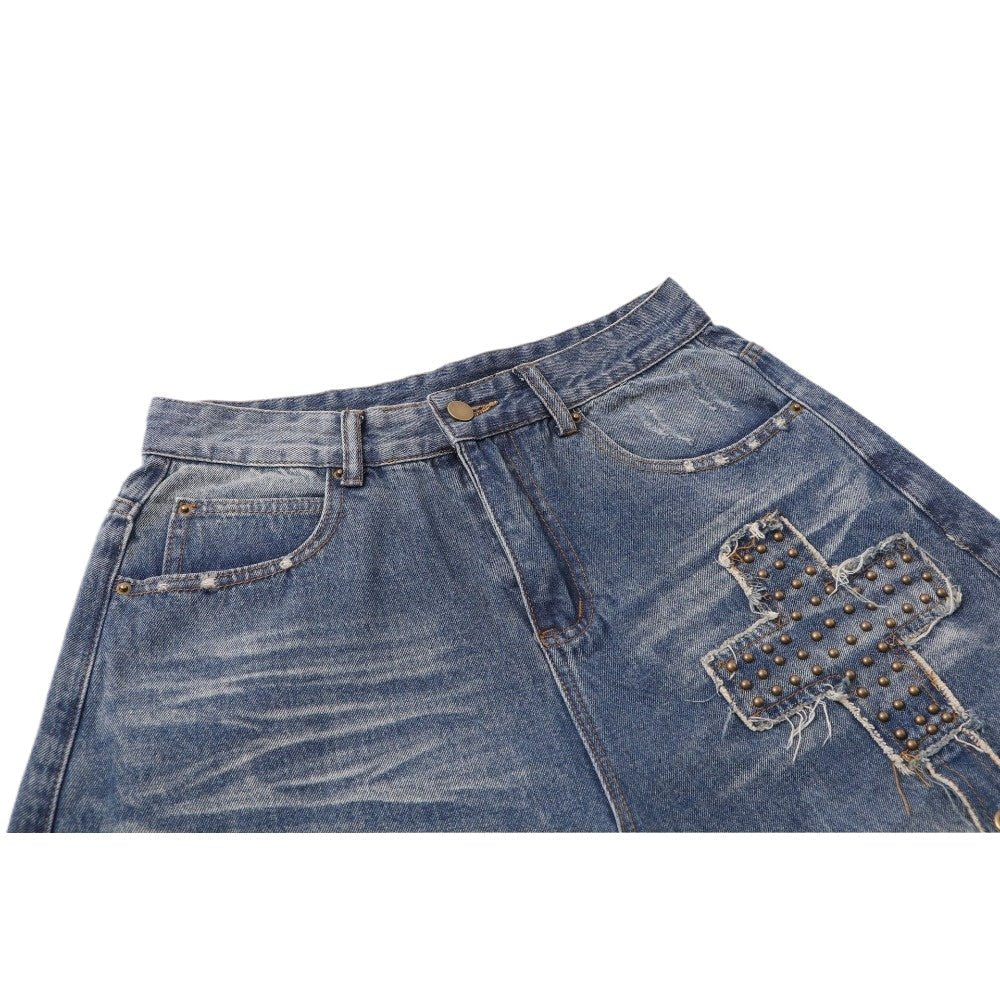 Studded Cross - Patch Baggy Frayed Jeans - Thrashink