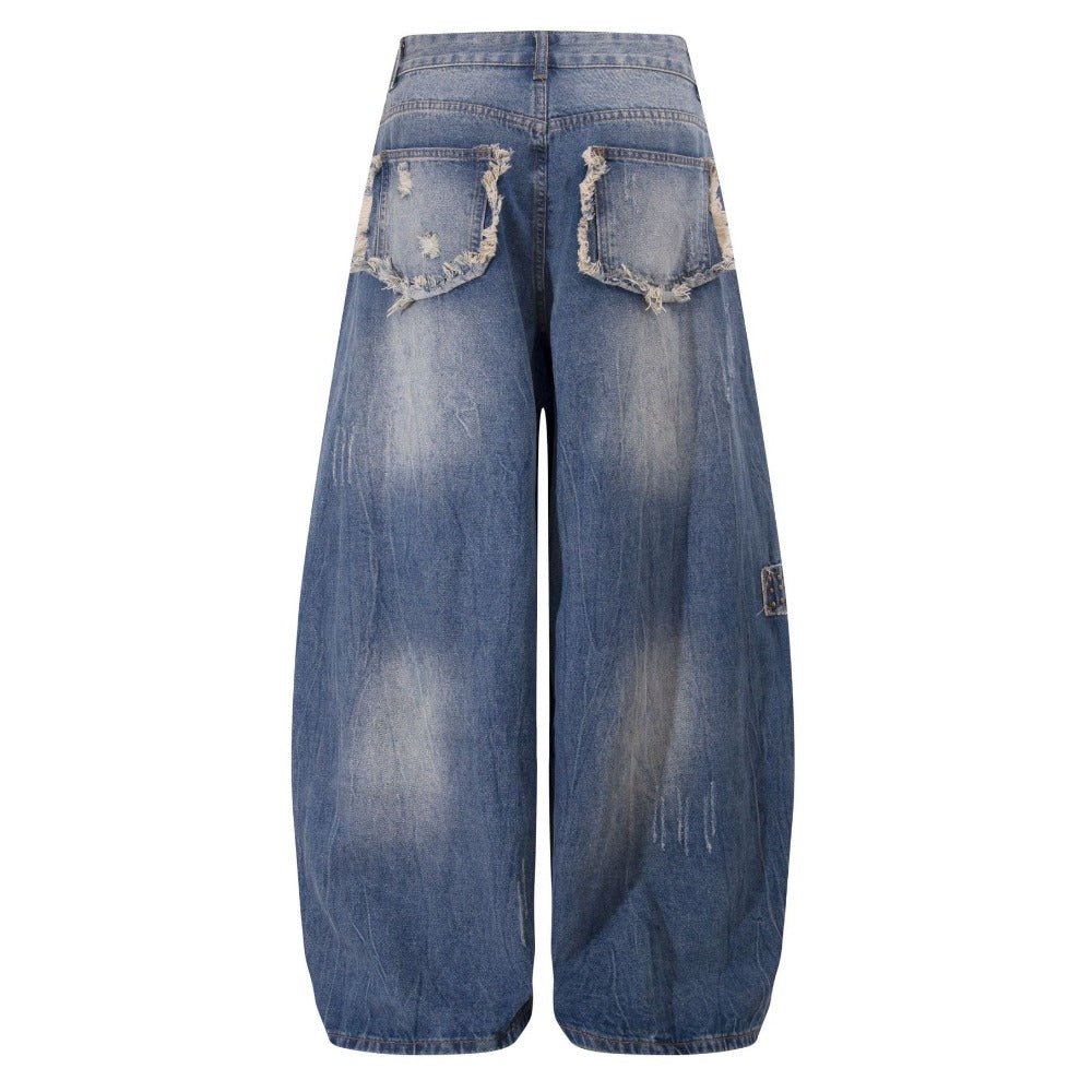 Studded Cross - Patch Baggy Frayed Jeans - Thrashink