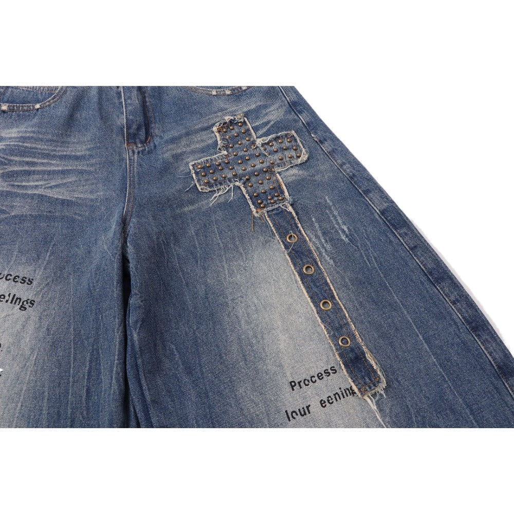 Studded Cross - Patch Baggy Frayed Jeans - Thrashink