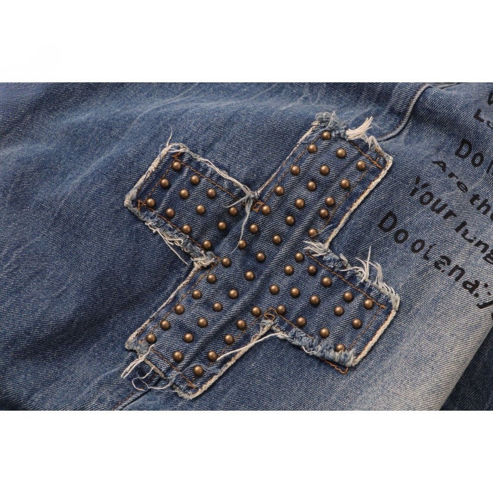 Studded Cross - Patch Baggy Frayed Jeans - Thrashink