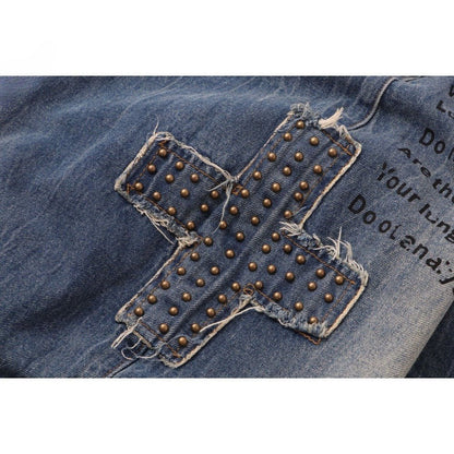 Studded Cross - Patch Baggy Frayed Jeans - Thrashink