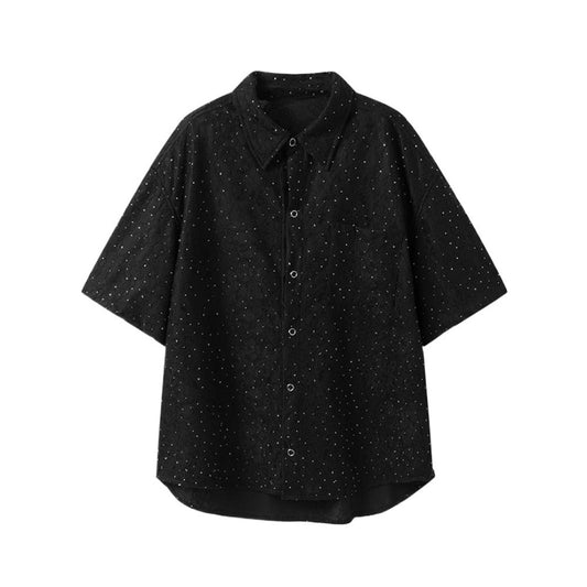 Textured Rhinestone Short Sleeve Shirt - Thrashink