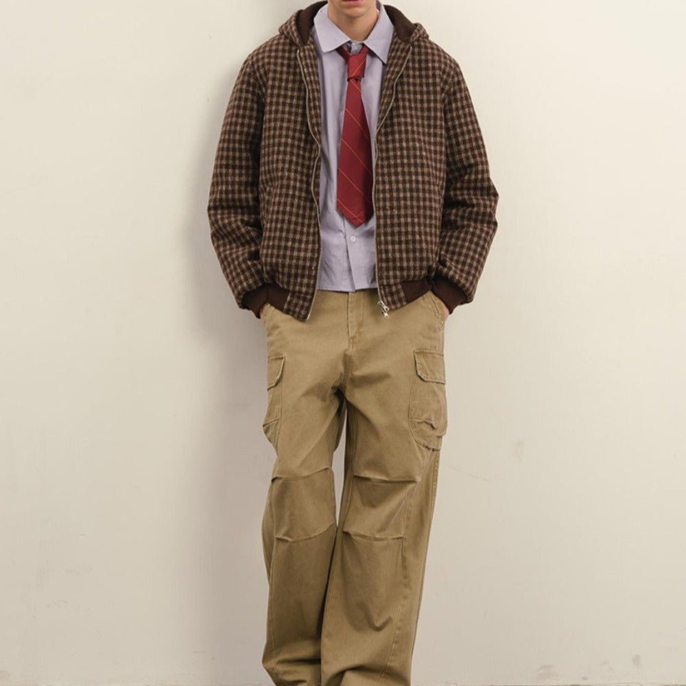 Thickened Cotton Plaid Hooded Zip - up Jacket - Thrashink