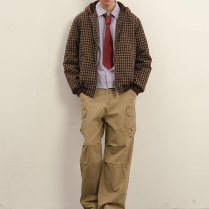 Thickened Cotton Plaid Hooded Zip - up Jacket - Thrashink