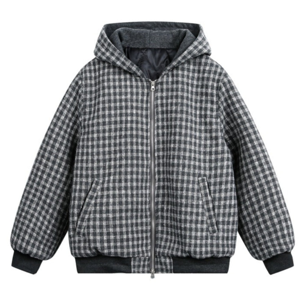Thickened Cotton Plaid Hooded Zip - up Jacket - Thrashink