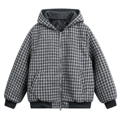 Thickened Cotton Plaid Hooded Zip - up Jacket - Thrashink