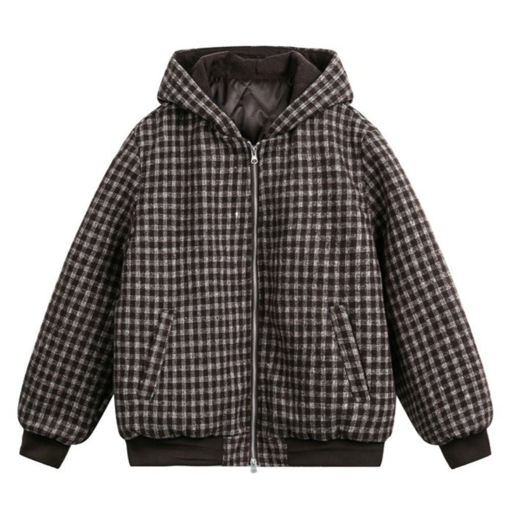 Thickened Cotton Plaid Hooded Zip - up Jacket - Thrashink