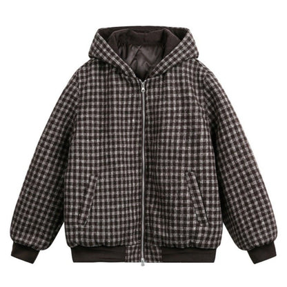 Thickened Cotton Plaid Hooded Zip - up Jacket - Thrashink