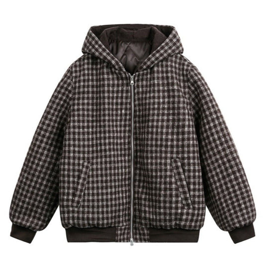 Thickened Cotton Plaid Hooded Zip - up Jacket - Thrashink