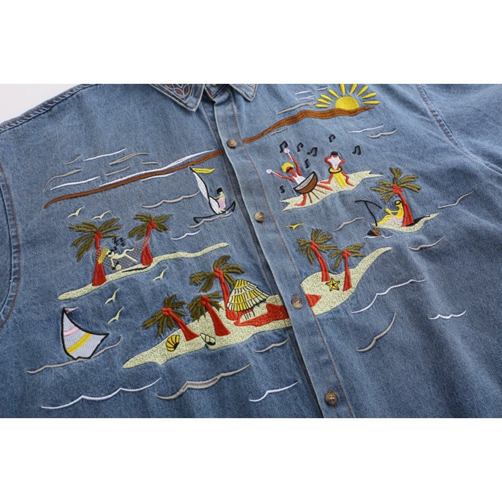 Tropical Embroidered Denim Shirt - Thrashink