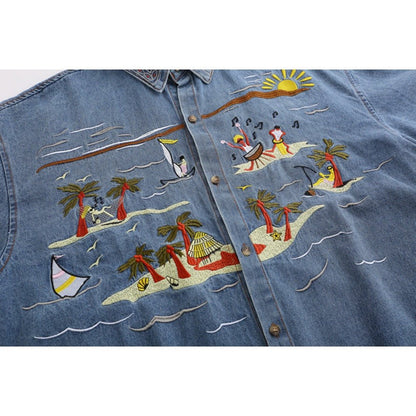 Tropical Embroidered Denim Shirt - Thrashink