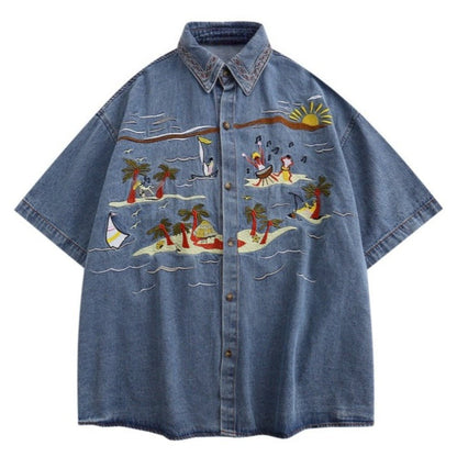Tropical Embroidered Denim Shirt - Thrashink