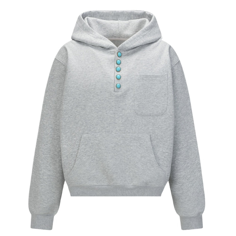 Turquoise Button Detail Hoodie - Thrashink