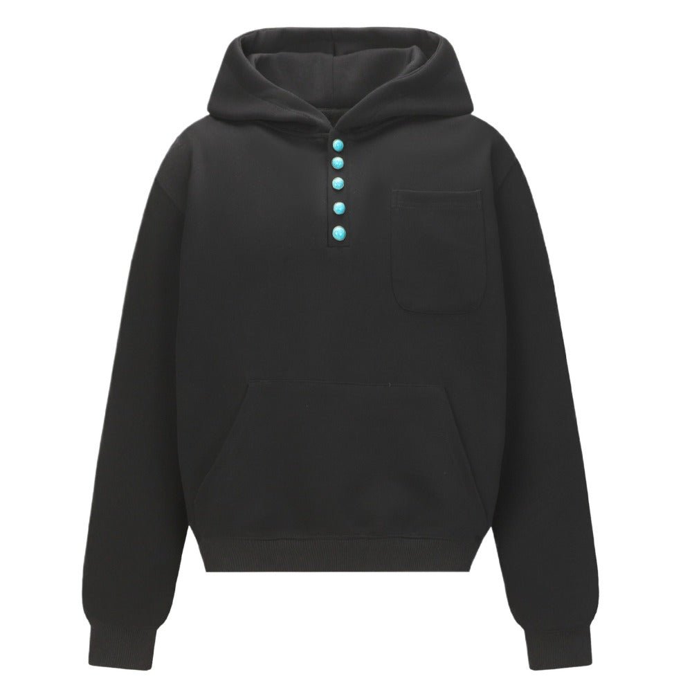 Turquoise Button Detail Hoodie - Thrashink