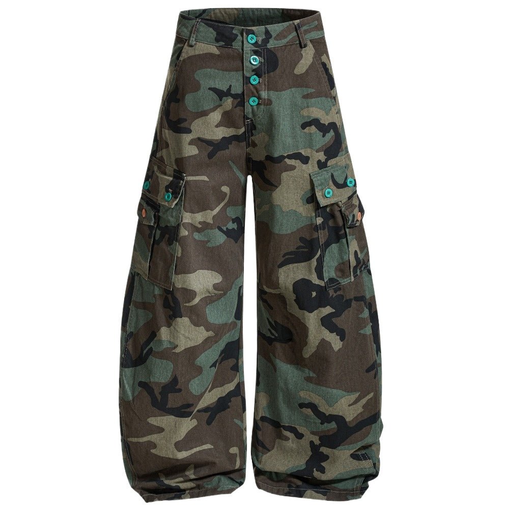 Turquoise Green Button Camouflage Cargo Pants - Thrashink