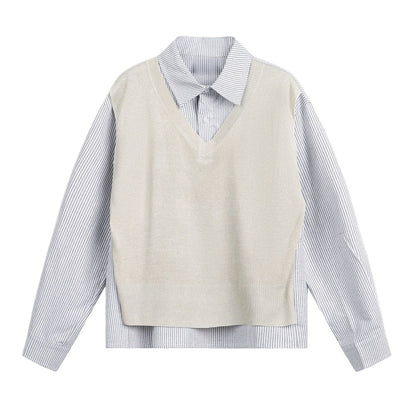 V - Neck Knit Vest Layered Striped Shirt - Thrashink
