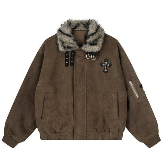 Vintage Cross Faux Fur Collar Padded Jacket - Thrashink