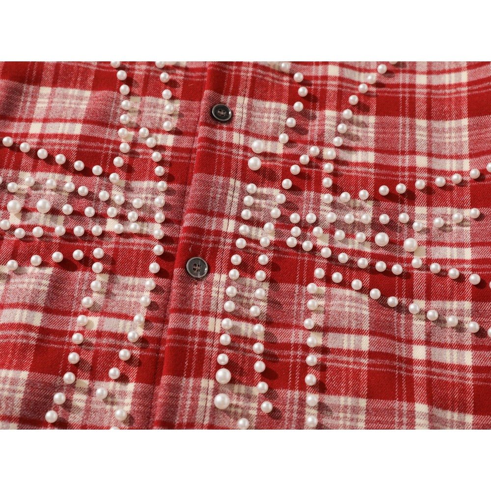 Vintage Cross Pearl Studded Plaid Shirt - Thrashink