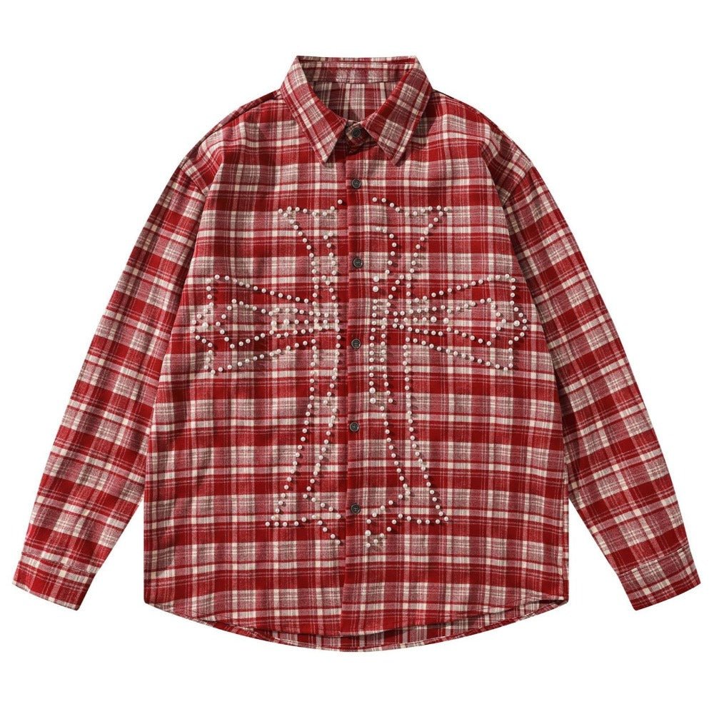 Vintage Cross Pearl Studded Plaid Shirt - Thrashink