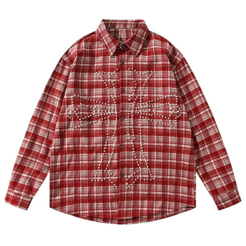 Vintage Cross Pearl Studded Plaid Shirt - Thrashink