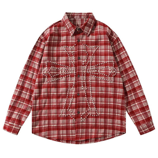 Vintage Cross Pearl Studded Plaid Shirt - Thrashink