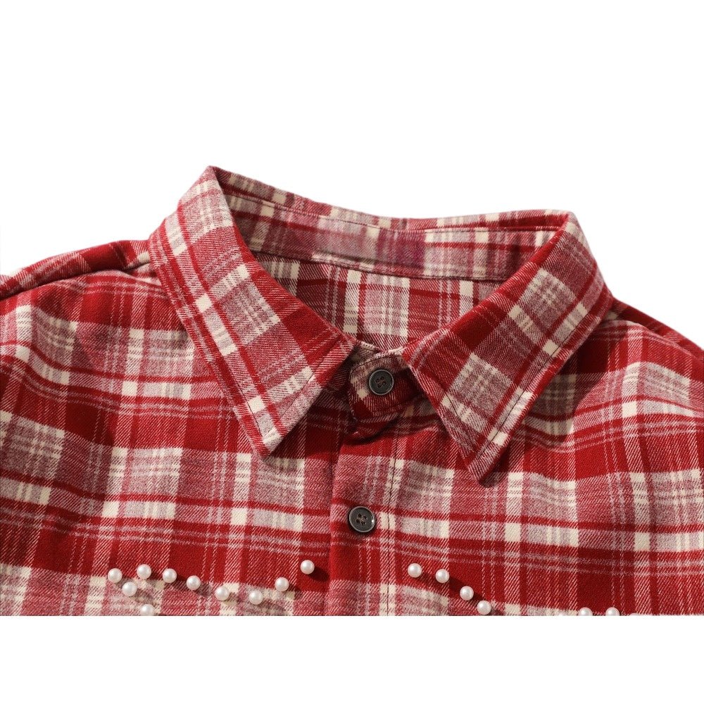 Vintage Cross Pearl Studded Plaid Shirt - Thrashink