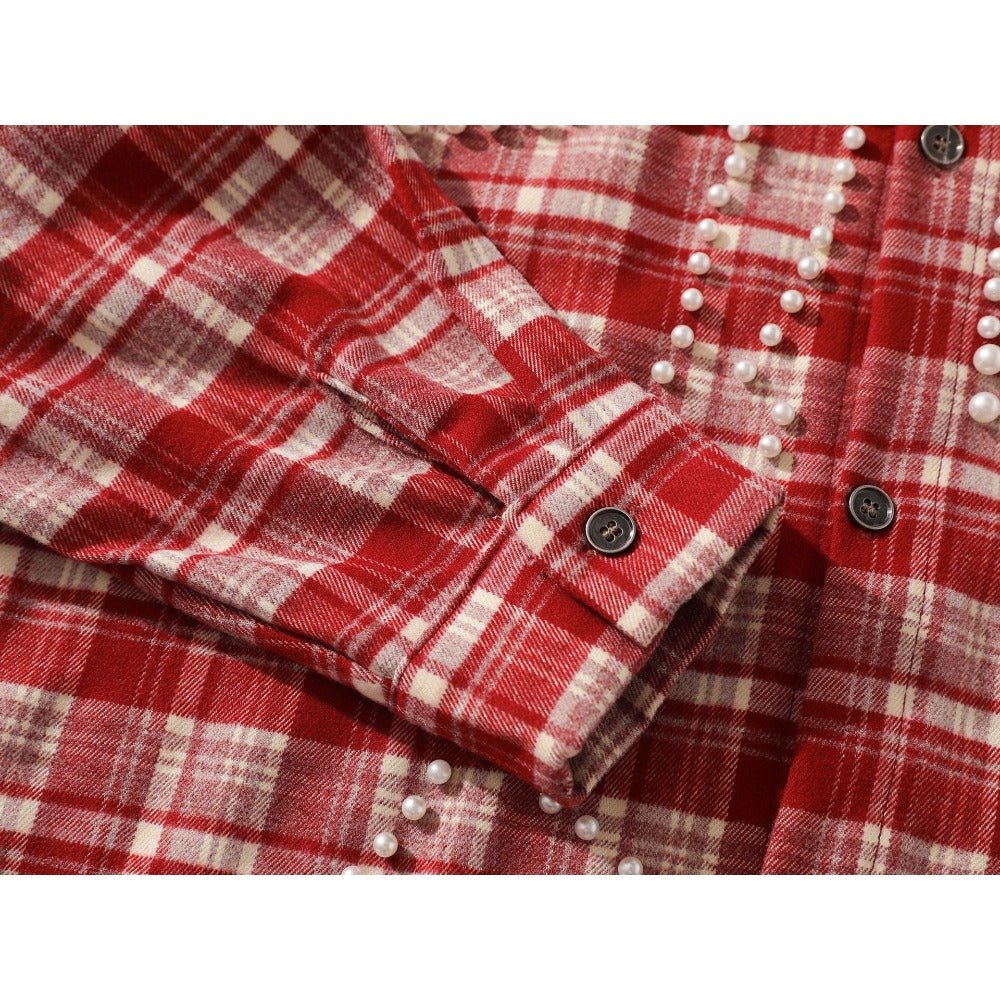 Vintage Cross Pearl Studded Plaid Shirt - Thrashink