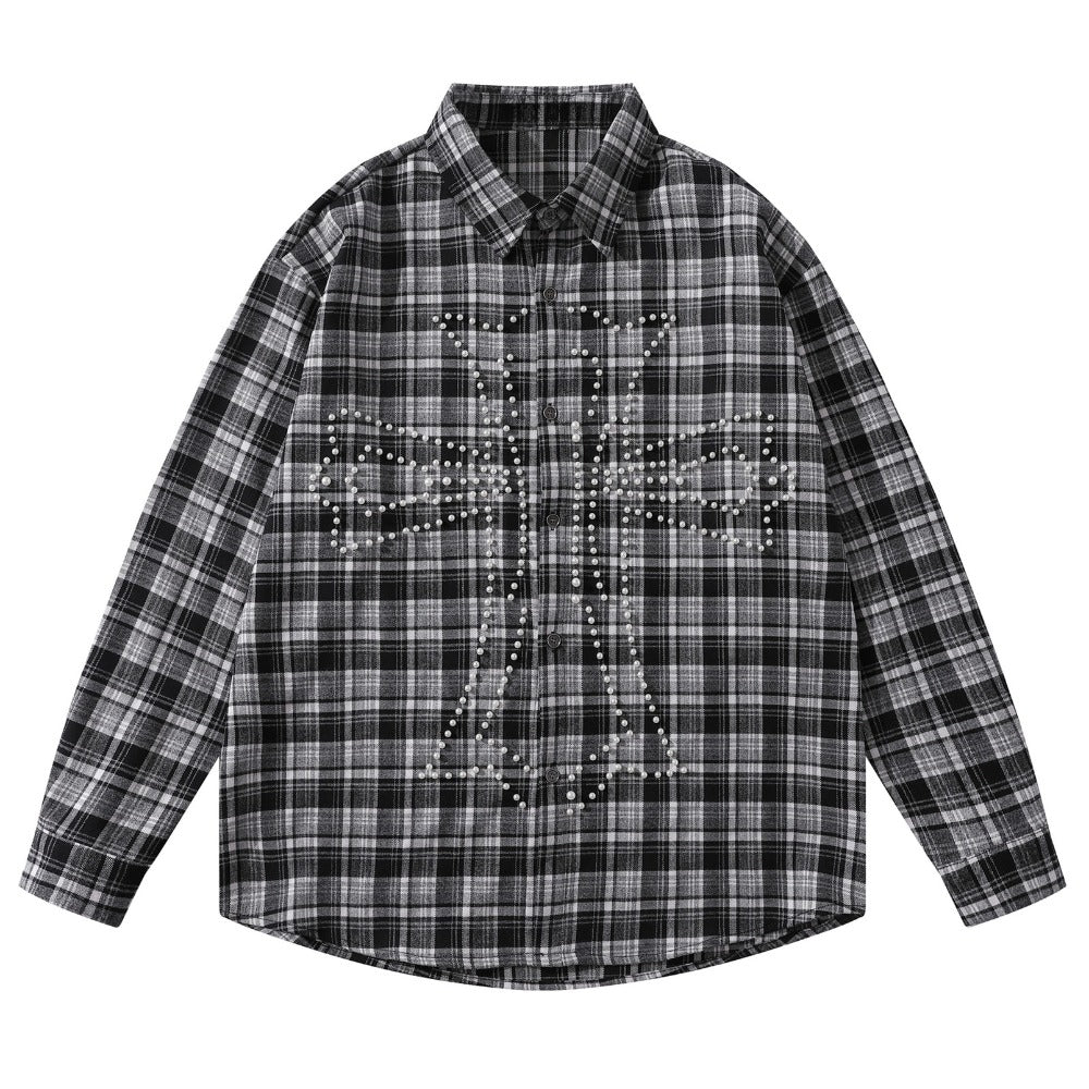 Vintage Cross Pearl Studded Plaid Shirt - Thrashink