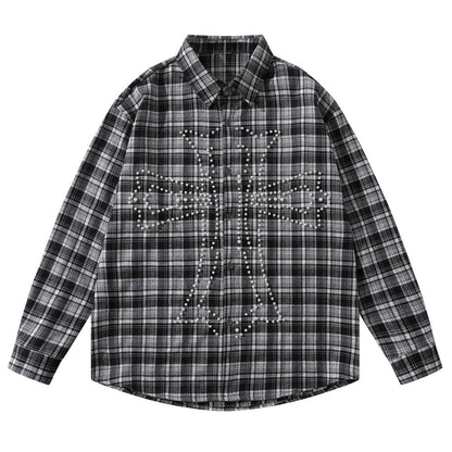 Vintage Cross Pearl Studded Plaid Shirt - Thrashink