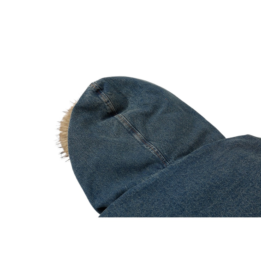 Vintage Denim Faux Fur Hooded Padded Jacket - Thrashink