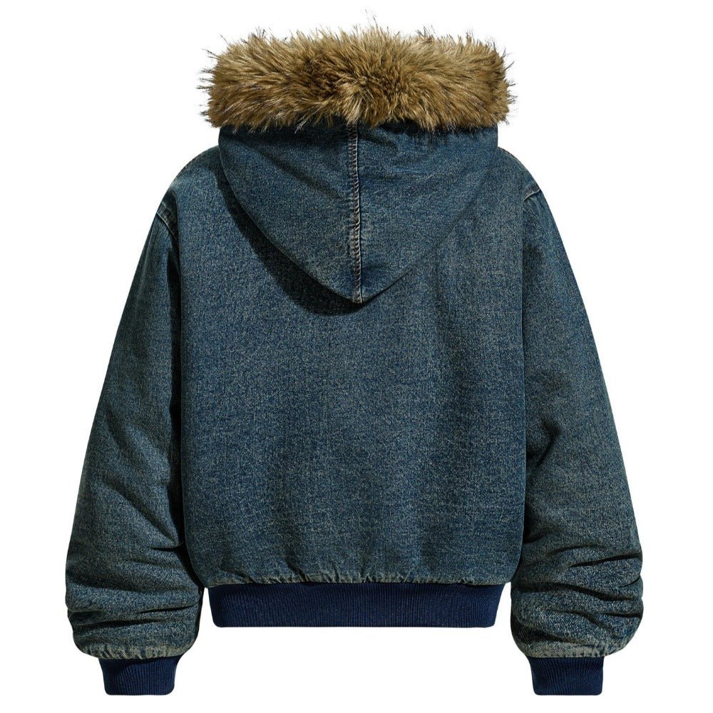 Vintage Denim Faux Fur Hooded Padded Jacket - Thrashink