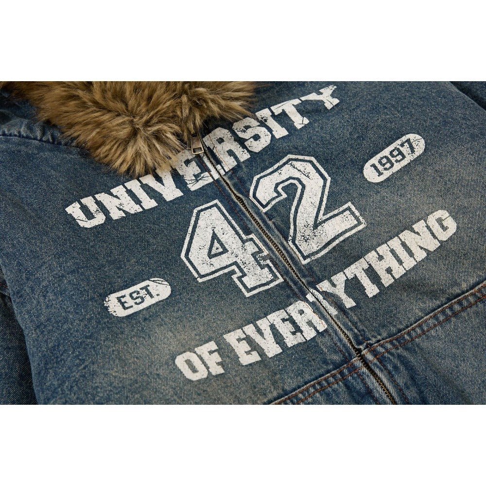 Vintage Denim Faux Fur Hooded Padded Jacket - Thrashink