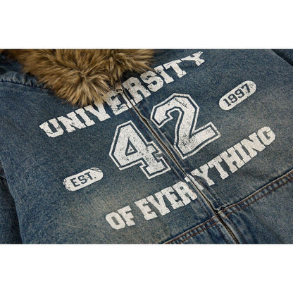 Vintage Denim Faux Fur Hooded Padded Jacket - Thrashink