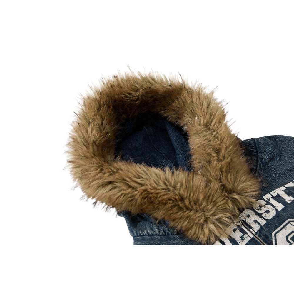 Vintage Denim Faux Fur Hooded Padded Jacket - Thrashink