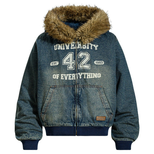 Vintage Denim Faux Fur Hooded Padded Jacket - Thrashink