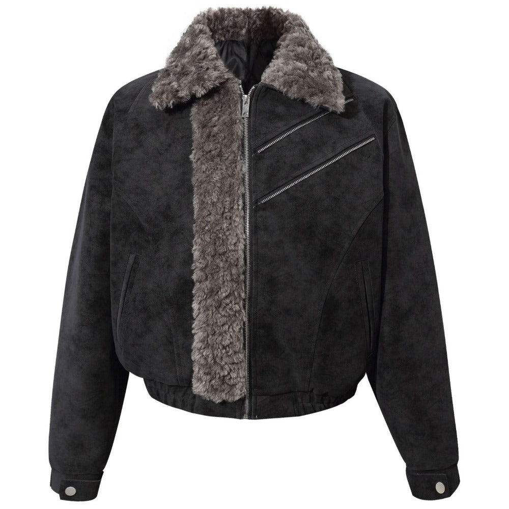 Vintage Faux Suede Shearling Trimmed Jacket - Thrashink