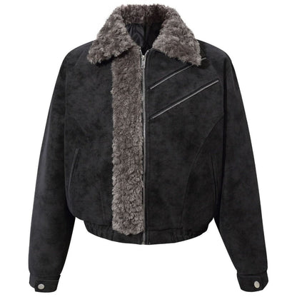 Vintage Faux Suede Shearling Trimmed Jacket - Thrashink