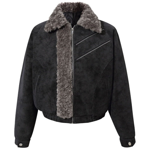 Vintage Faux Suede Shearling Trimmed Jacket - Thrashink