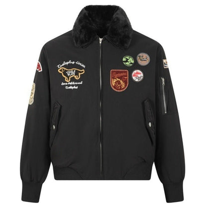 Vintage Fur - Collar Patch Cotton Bomber Jacket - Thrashink