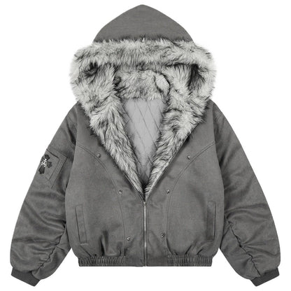 Vintage Washed Faux Fur Hooded Bomber Jacket - Thrashink