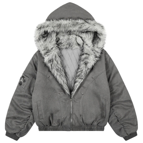 Vintage Washed Faux Fur Hooded Bomber Jacket - Thrashink