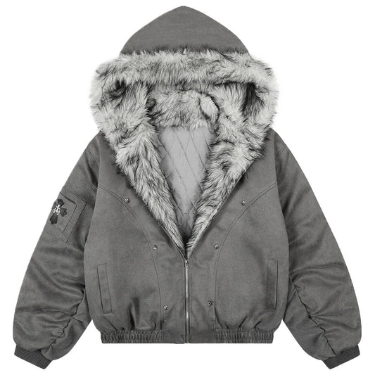 Vintage Washed Faux Fur Hooded Bomber Jacket - Thrashink