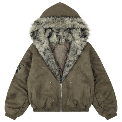 Vintage Washed Faux Fur Hooded Bomber Jacket - Thrashink